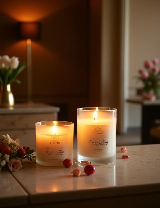 Velas de Luz de Olivo dispuestas elegantemente en la recepción de un hotel boutique, bienvenida aromática.